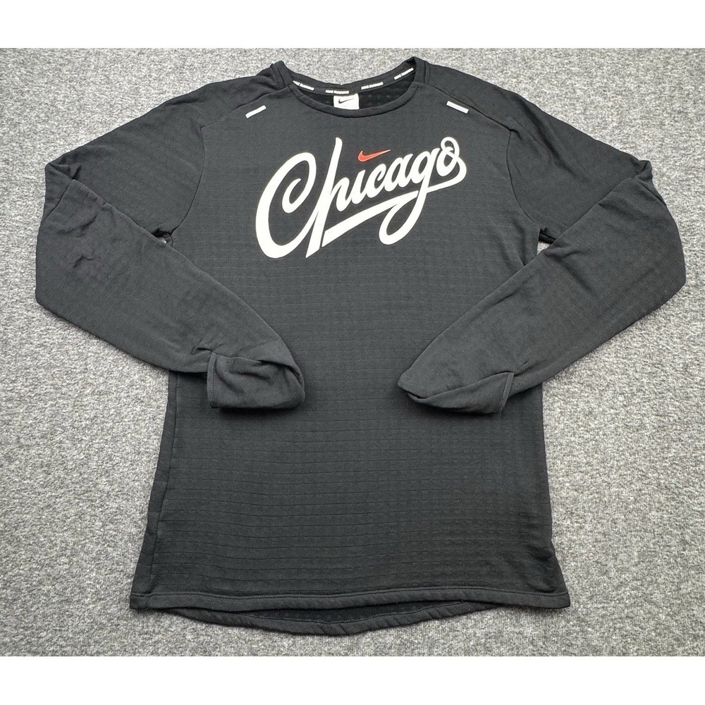 Nike Running Shirt Mens Small Black Therma Fit Waffle Pullover Chicago Marathon